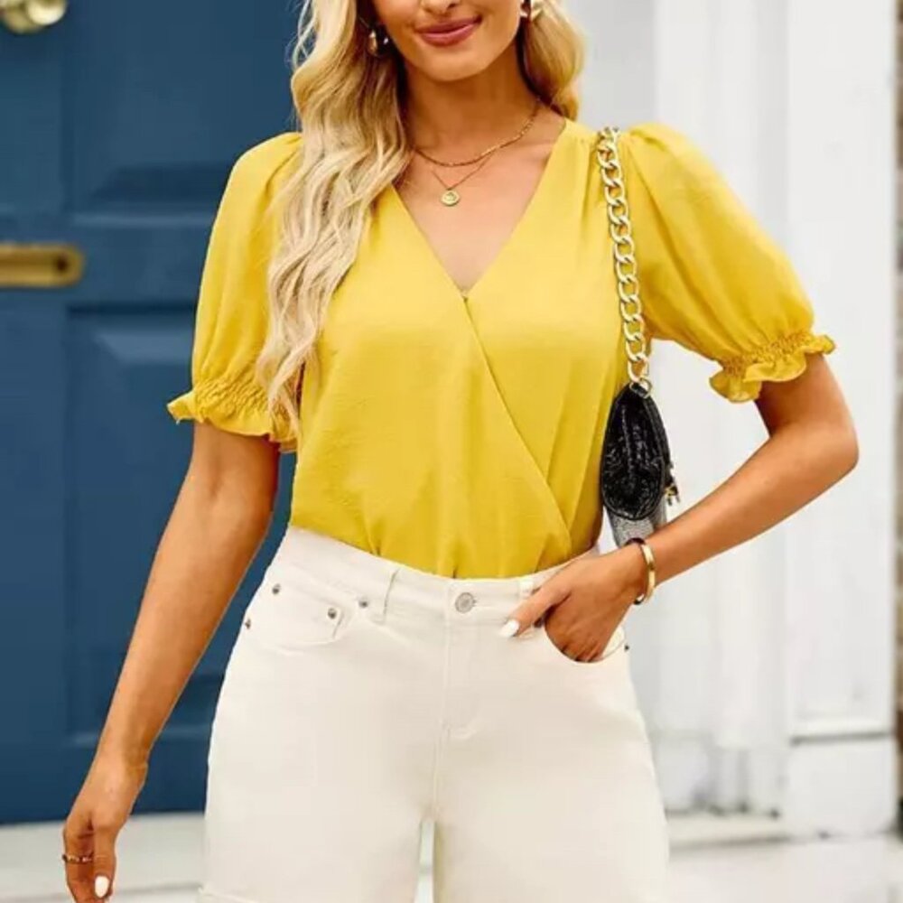 NWOT All In Favor Golden Yellow Cross Front Bodysuit Blouse Sz M